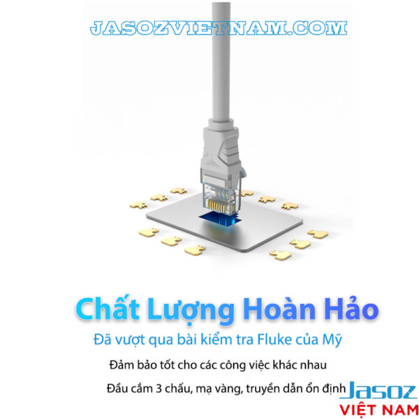 Dây cáp mạng Cat 5E Jasoz E103 đúc sẵn 2 đầu RJ45, đạt kiểm định Fluke của Mỹ, đầu mạ vàng 1U truyền dẫn ổn định. SKU: T-E122 1M, T-E123 1.5M, T-E124 2M, T-E125 3M, T-E126 5M, T-E127 10M, T-E128 15M, T-E129 20M.