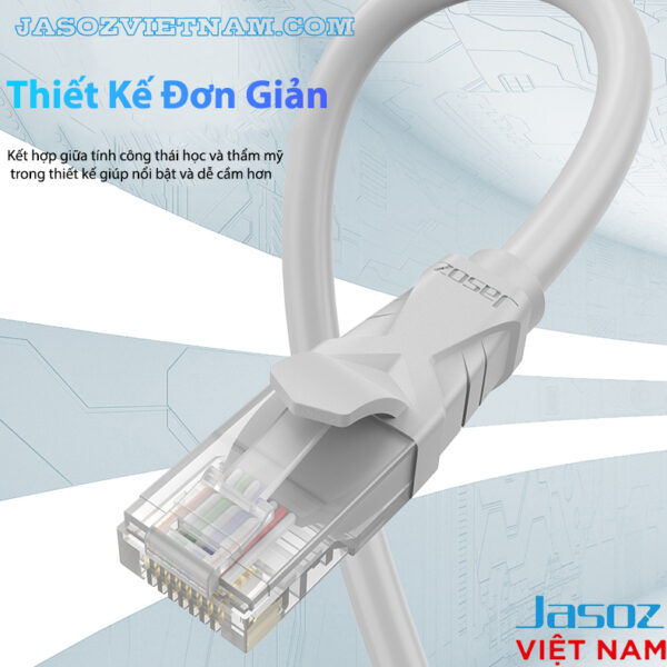 Dây cáp mạng Cat 5E Jasoz E103 đúc sẵn 2 đầu RJ45, thiết kế đơn giản, dễ cắm, lõi đồng 28AWG, đầu mạ vàng 1U. SKU: T-E122 1M, T-E123 1.5M, T-E124 2M, T-E125 3M, T-E126 5M, T-E127 10M, T-E128 15M, T-E129 20M.