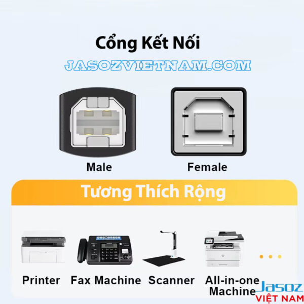 Cáp Máy In Type C To USB-B Đầu Cáp Mạ Nickel Jasoz D121 2 Cáp máy in USB-C to USB-B Jasoz D121 - Cổng kết nối Male/Female, tương thích rộng với Printer, Fax, Scanner, All-in-one - SKU T-D210 0.5M đến T-D214 3M