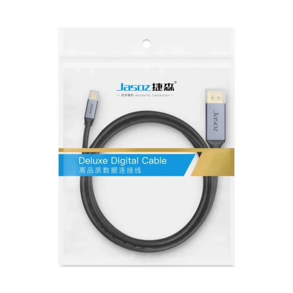 Bao bì sản phẩm Jasoz A145 – Cáp Mini Displayport sang Displayport 1.4 hỗ trợ 8K@60Hz, 4K@144Hz, 2K@240Hz – SKU Jasoz T-A403 1M, Jasoz T-A404 1.5M, Jasoz T-A405 2M, Jasoz T-A406 3M – đóng gói Deluxe Digital Cable