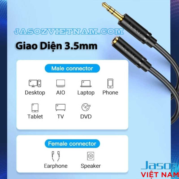 Cáp Nối Dài Audio 3.5mm Male To Female Jasoz C106 7 Cáp nối dài Audio 3.5mm Male–Female Jasoz C106 – Giao diện 3.5mm: male cho Desktop/AIO/Laptop/Phone/Tablet/TV/DVD, female cho Earphone/Speaker – Jack mạ vàng, lõi đồng 29AWG – SKU T-C166 1M, T-C167 1.5M, T-C169 3M, T-C170 5M