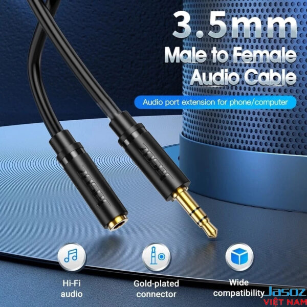 Cáp Nối Dài Audio 3.5mm Male To Female Jasoz C106 1 Cáp nối dài Audio 3.5mm Male to Female Jasoz C106 – Hi-Fi audio, đầu mạ vàng, tương thích rộng – Lõi đồng 29AWG, vỏ PVC OD 3.5mm – SKU T-C166 1M, T-C167 1.5M, T-C169 3M, T-C170 5M