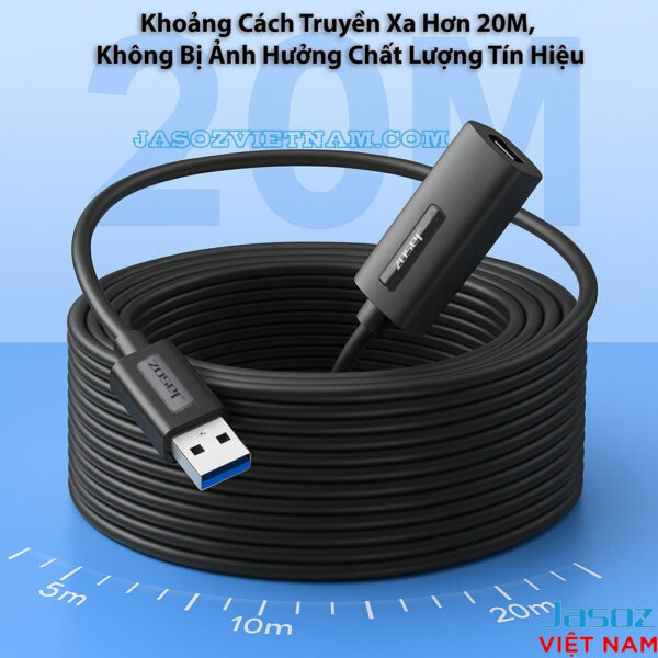 Cáp USB 2.0 Nối Dài 20M Jasoz D109 T-D158 – Có Chipset Taiwan FE1.1S Khuếch Đại, Chống Nhiễu, Hỗ Trợ Nguồn Phụ 5V2A, Truyền Dữ Liệu 480Mbps Ổn Định