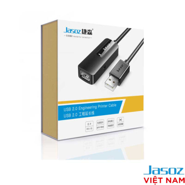 Hộp Sản Phẩm Cáp USB 2.0 Nối Dài Jasoz D109 – SKU T-D155 5M, T-D156 10M, T-D157 15M, T-D158 20M, T-D159 25M, T-D160 30M – Có Chipset Taiwan FE1.1S, Chống Nhiễu, Nguồn Phụ 5V2A
