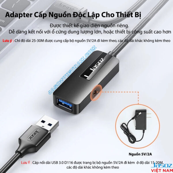 Adapter Nguồn 5V2A Cho Cáp USB 2.0 Nối Dài Jasoz D109 – SKU T-D159 25M, T-D160 30M – Chipset Taiwan FE1.1S, Chống Nhiễu, Truyền Dữ Liệu 480Mbps Ổn Định