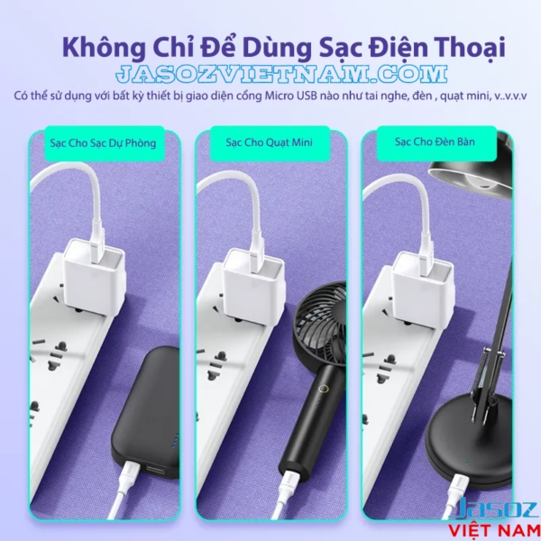 Cáp Micro USB Jasoz D112 sạc nhanh 3A - dùng cho điện thoại, pin dự phòng, quạt mini, đèn bàn và nhiều thiết bị Micro USB