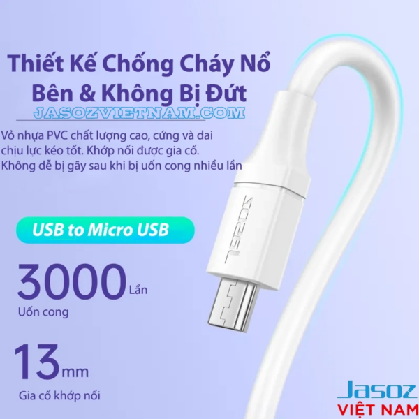 Cáp Micro USB Jasoz D112 chống cháy nổ, bền bỉ - chịu 3000 lần uốn cong, khớp nối gia cố 13mm, không lo gãy đứt