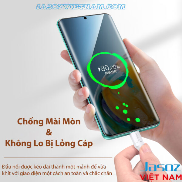 Người dùng sạc nhanh điện thoại bằng cáp Jasoz D117 USB-A to USB-C 6A, chống mài mòn và không lo lỏng cáp