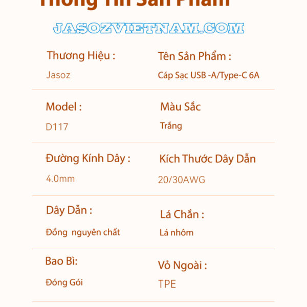 Cáp sạc nhanh Jasoz D117 USB-A sang USB-C 66W 6A lõi đồng, chiều dài 0.5M 1M 1.5M