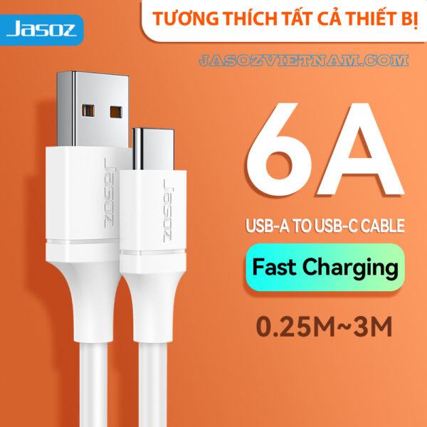 Cáp sạc nhanh Jasoz D117 USB-A to Type-C 6A 66W, hỗ trợ sạc siêu tốc 0.25m–3m
