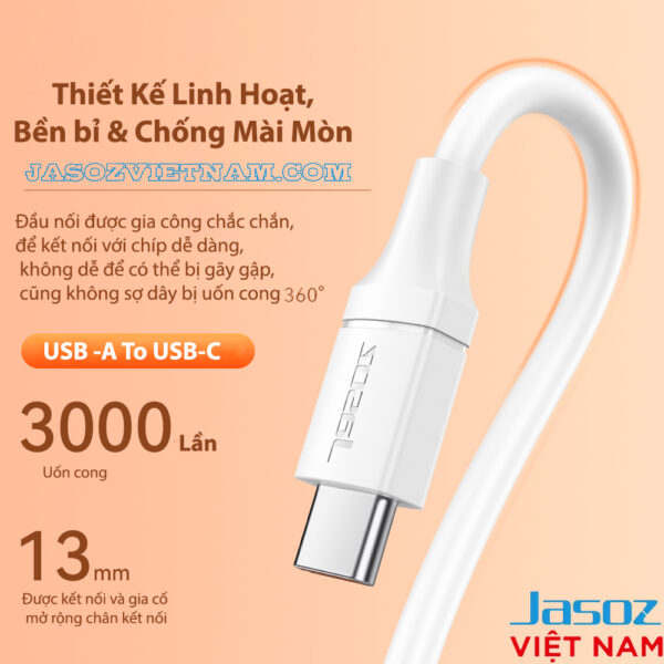 Cáp sạc nhanh Jasoz D117 USB-A to USB-C 6A 66W bền bỉ, chống mài mòn, chịu uốn cong 3000 lần