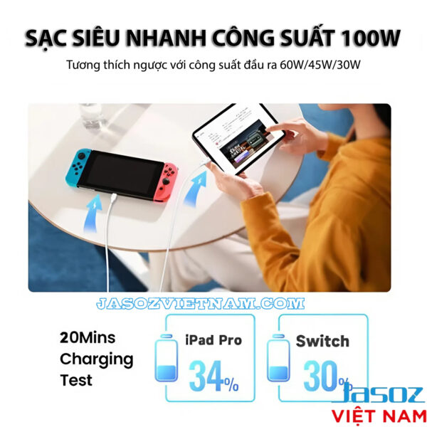 Cáp Sạc USB-C to USB-C Hỗ Trợ Sạc PD 100W Jasoz D122 4 Cáp Sạc Nhanh Jasoz D122 USB-C to USB-C PD 100W – Hỗ Trợ iPad Pro, Nintendo Switch, MacBook – SKU T-D217 1M, T-D218 1.5M, T-D219 2M