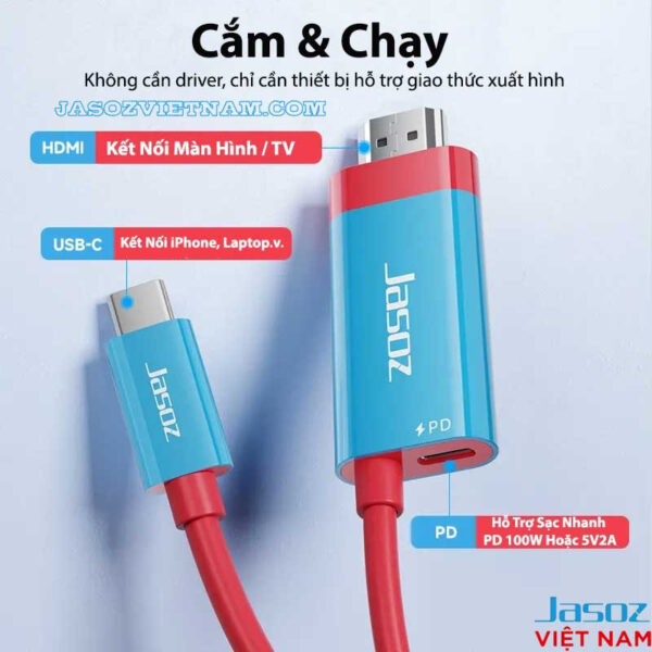 Cáp Type C sang HDMI Jasoz T-H119 2M hỗ trợ 4K@60Hz, sạc nhanh PD 100W