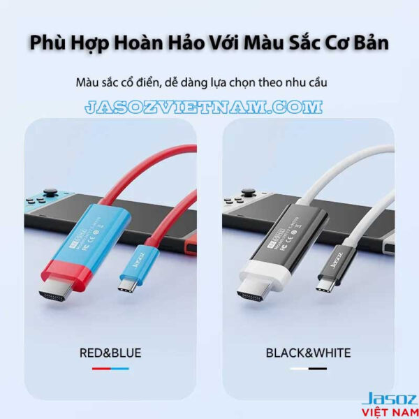 Cáp Type C sang HDMI Jasoz Dài 2M hỗ trợ 4K@60Hz, PD 100W – màu đỏ xanh và đen trắng