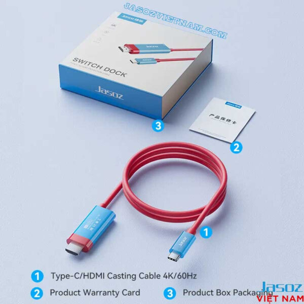 Cáp Type C sang HDMI Jasoz hỗ trợ 4K@60Hz, PD 100W – trọn bộ gồm cáp 2M, hộp sản phẩm và thẻ bảo hành
