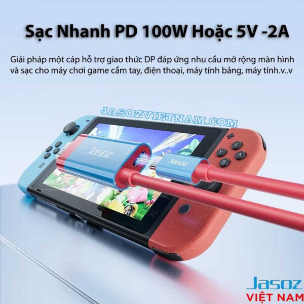 Cáp Type C sang HDMI Jasoz T-H119 hỗ trợ 4K@60Hz và sạc nhanh PD 100W cho laptop, smartphone, Nintendo Switch