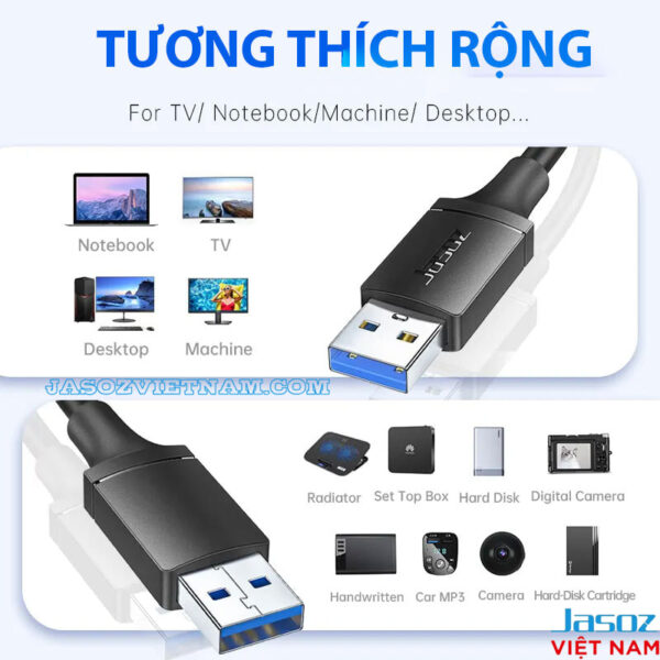 Cáp USB 3.0 Hai Đầu Dương Tốc Độ 5Gbps Jasoz D118 9 Cáp USB 3.0 hai đầu đực Jasoz D118 tốc độ 5Gbps – Tương thích Notebook, Desktop, TV, Camera, HDD, MP3, Set Top Box. SKU T-D193 0.5M, T-D194 1M, T-D195 1.5M, T-D196 2M, T-D197 3M