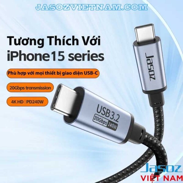 Cáp USB-C 3.2 Hỗ Trợ 4K@60Hz Tốc Độ Truyền Tải 20Gbps Công Suất Sạc 240W Jasoz D120 1 Cáp USB-C 3.2 Jasoz D120 Hỗ Trợ iPhone 15 Series – Sạc Nhanh PD 240W, Truyền Dữ Liệu 20Gbps, Xuất Hình 4K