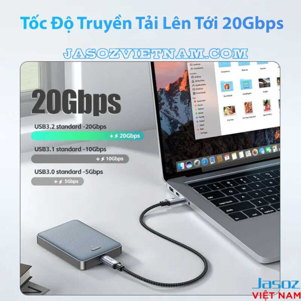 Cáp USB-C 3.2 Hỗ Trợ 4K@60Hz Tốc Độ Truyền Tải 20Gbps Công Suất Sạc 240W Jasoz D120 2 Cáp USB-C 3.2 Jasoz D120 tốc độ truyền dữ liệu 20Gbps, hỗ trợ USB 3.0/3.1, sạc nhanh 240W, xuất hình 4K