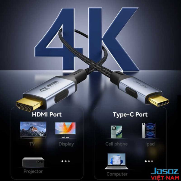 Cáp Chuyển USB-C to HDMI Hỗ Trợ 4K@30Hz Male to Male Dài 2M Jasoz T-H101 1 Cáp chuyển USB-C sang HDMI Jasoz H102 4K@60Hz – dùng cho laptop, MacBook, điện thoại, TV, máy chiếu | SKU T-H133, T-H134, T-H102, T-H13