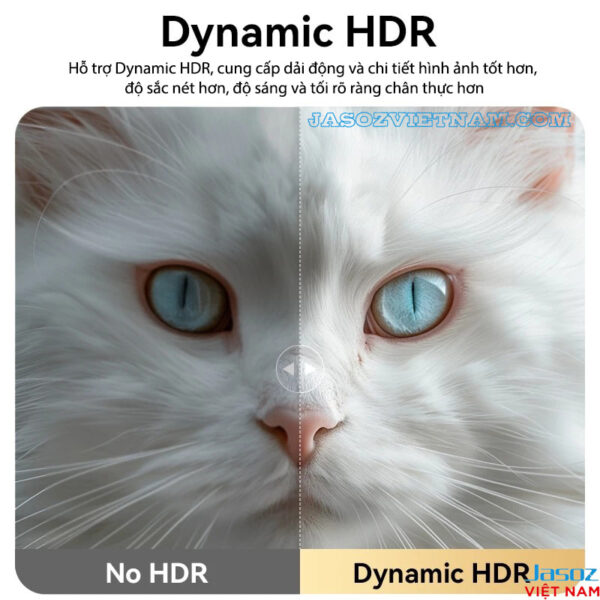 Cáp USB-C to DisplayPort Jasoz T-A397 hỗ trợ Dynamic HDR, màu 12-bit, độ phân giải 8K@60Hz và 4K@240Hz – so sánh No HDR vs Dynamic HDR