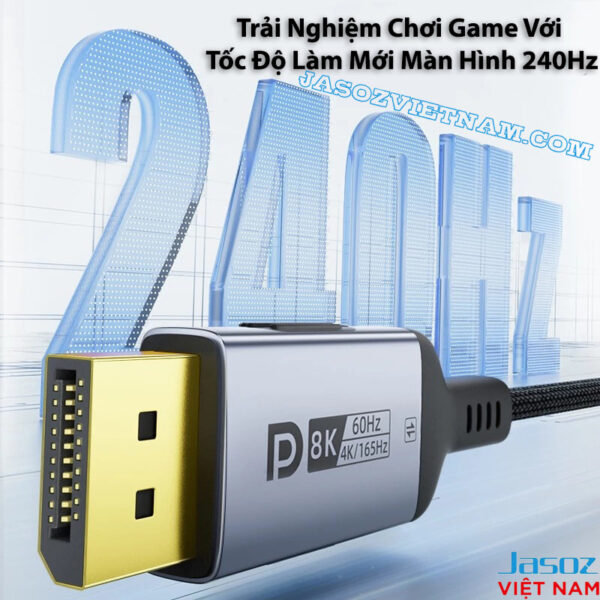 Cáp USB-C to DisplayPort Jasoz T-A397 hỗ trợ chơi game 240Hz, độ phân giải 8K@60Hz và 4K@165Hz, truyền tải mượt mà, không giật lag