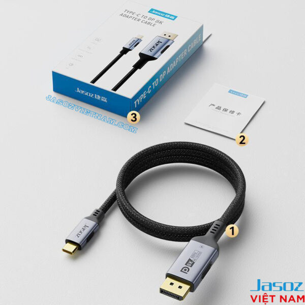 Fullbox Cáp USB-C to DisplayPort 8K Jasoz T-A397 A135 T-A393 dây bện lưới 2M, hỗ trợ hai chiều, kèm hộp và thẻ bảo hành