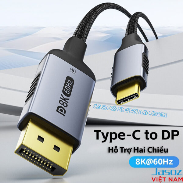 A135 Cáp Type C Sang Displayport 8K Dây Bện Lưới Đầu Bọc Nhôm Mạ Vàng Dài 2M Jasoz T-A397 (Hỗ Trợ 2 Chiều ) 2 Cáp Type C sang DisplayPort 8K Jasoz T-A397 hỗ trợ 2 chiều 8K@60Hz 4K@165Hz dây bện lưới đầu nhôm mạ vàng