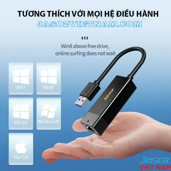 Cáp USB 3.0 Sang LAN RJ45 Gigabit Jasoz T-F109 Tương Thích Windows 7 8 10 XP MacOS