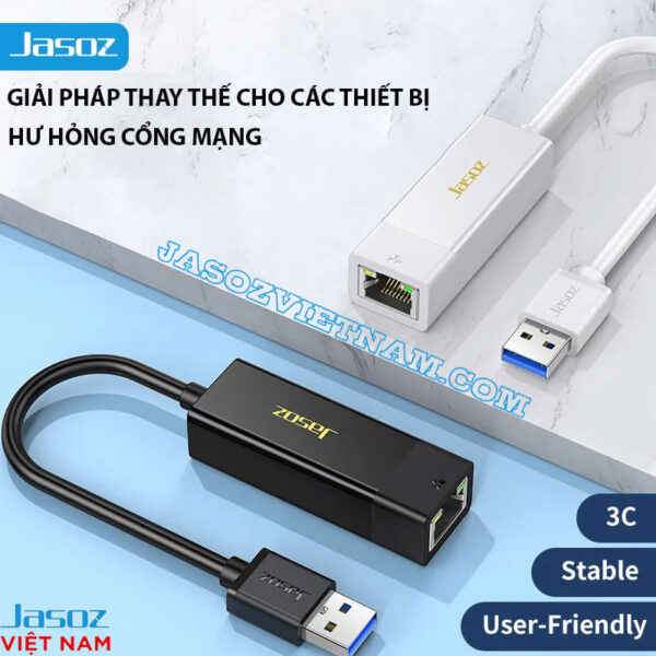Cáp USB 3.0 Sang LAN RJ45 Gigabit 1000Mbps Jasoz T-F109 F103 Đen Trắng Thay Thế Cổng Mạng Hỏng