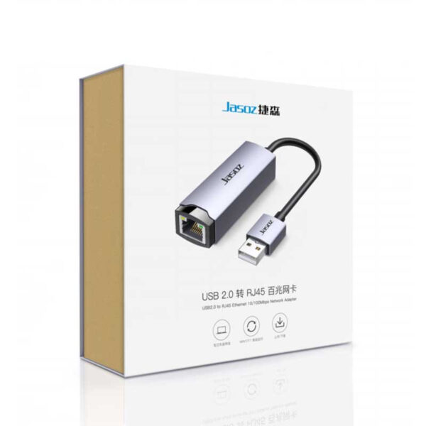 Hộp sản phẩm Cáp USB Sang LAN RJ45 100Mbps Jasoz T-F111 Vỏ Nhôm Chính Hãng