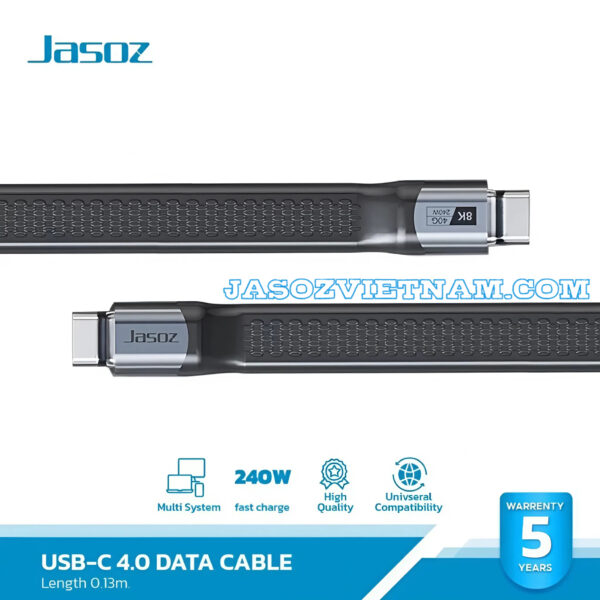 Cáp Sạc C to C USB4 Dài 13CM Hỗ Trợ 8K@60Hz, Truyền Dữ Liệu 40Gbps, Sạc 240W Cao Cấp Jasoz T-D223 1 Cáp USB-C to USB-C USB4 Jasoz T-D223 dài 13cm, sạc nhanh 240W, truyền dữ liệu 40Gbps, xuất hình ảnh 8K@60Hz, bảo hành 5 năm