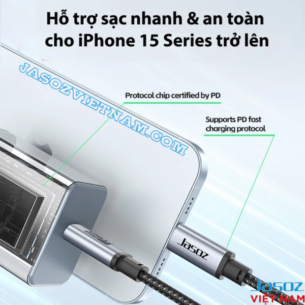 Cáp USB-C 3.2 Hỗ Trợ 4K@60Hz Tốc Độ Truyền Tải 20Gbps Công Suất Sạc 240W Jasoz D120 8 Cáp USB4 Jasoz D119 hỗ trợ sạc nhanh PD 240W cho iPhone 15 Series và các thiết bị USB-C, an toàn với chip PD tích hợp.