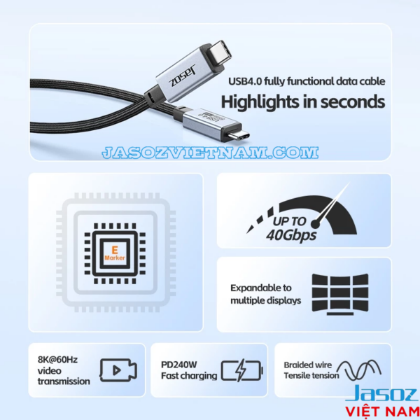 Cáp USB-C 3.2 Hỗ Trợ 4K@60Hz Tốc Độ Truyền Tải 20Gbps Công Suất Sạc 240W Jasoz D120 7 Cáp USB4 Jasoz D119 hỗ trợ sạc nhanh PD 240W, truyền dữ liệu 40Gbps, hiển thị 8K@60Hz và mở rộng nhiều màn hình.