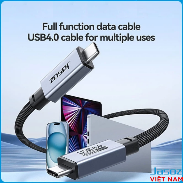 Cáp USB4 USB-C to USB-C Hỗ Trợ 8K@60Hz, Truyền Dữ Liệu 40Gbps, Sạc 240W Cao Cấp Jasoz D119 4 Cáp USB4 Jasoz D119 hỗ trợ 240W, 40Gbps, 8K@60Hz, dùng cho iPhone 15, MacBook, Laptop, Tablet, đa năng kết nối.