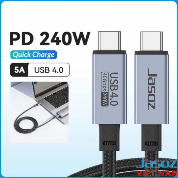 Cáp USB4 USB-C to USB-C Hỗ Trợ 8K@60Hz, Truyền Dữ Liệu 40Gbps, Sạc 240W Cao Cấp Jasoz D119 2 Cáp USB4 Jasoz D119 USB-C to USB-C PD 240W, Truyền Dữ Liệu 40Gbps, Hỗ Trợ 8K@60Hz – SKU T-D200 0.5M, T-D201 1M, T-D202 1.2M, T-D215 1.5M, T-D203 2M