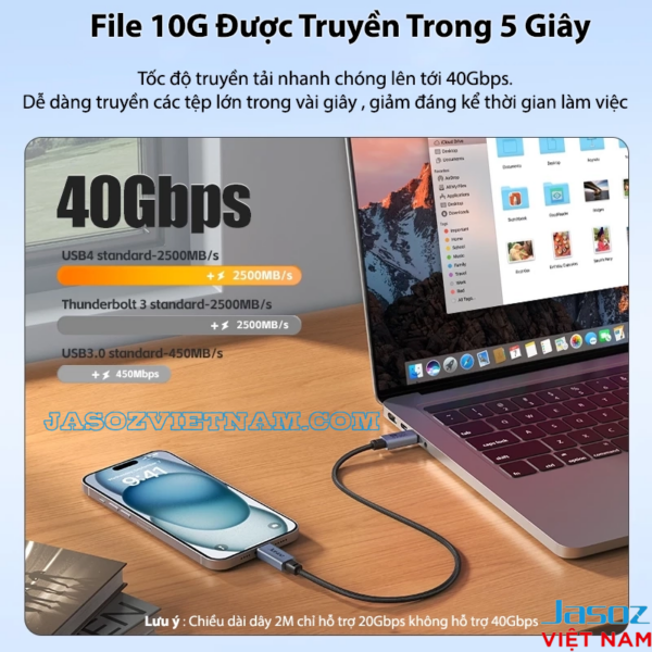 Cáp USB4 USB-C to USB-C Hỗ Trợ 8K@60Hz, Truyền Dữ Liệu 40Gbps, Sạc 240W Cao Cấp Jasoz D119 12 Cáp USB4 Jasoz D119 hỗ trợ truyền dữ liệu tốc độ 40Gbps – truyền file 10GB chỉ trong 5 giây. Tương thích MacBook, iPhone 15, iPad Pro và các thiết bị USB-C. Dây 2M hỗ trợ 20Gbps, dưới 1.5M đạt 40Gbps.