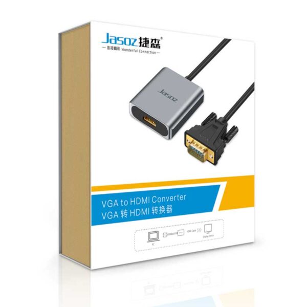 Cáp VGA Sang HDMI Vỏ Nhôm Có Audio Jasoz T-G114 6 Hộp sản phẩm Cáp VGA sang HDMI Có Audio Jasoz T-G114 hỗ trợ Full HD 1080p vỏ nhôm, đi kèm dây AUX 3.5mm và Micro USB