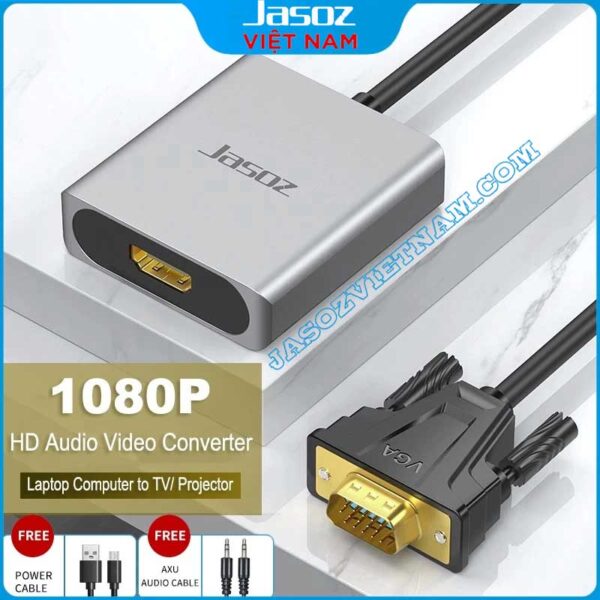Cáp VGA Sang HDMI Vỏ Nhôm Có Audio Jasoz T-G114 1 Cáp VGA sang HDMI Jasoz T-G114 hỗ trợ 1080p kèm Audio 3.5mm và cáp Micro USB, vỏ nhôm cao cấp