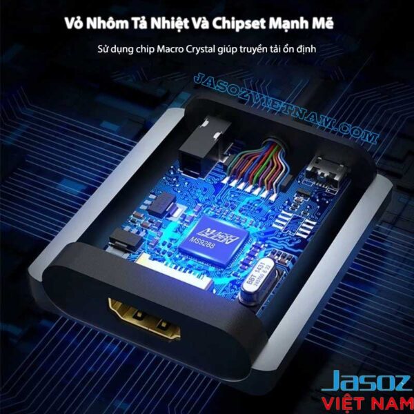Cáp VGA Sang HDMI Vỏ Nhôm Có Audio Jasoz T-G114 4 Bên trong cáp VGA sang HDMI Jasoz T-G114 sử dụng chipset Macro Crystal MS9288 và vỏ nhôm tản nhiệt giúp truyền tải ổn định
