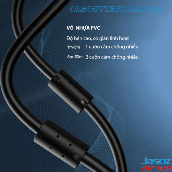 Cáp VGA Jasoz C101 – Vỏ nhựa PVC bền bỉ, chống gãy gập, trang bị vòng từ chống nhiễu 1 cuộn cho 1–5m và 2 cuộn cho 5–50m, hỗ trợ tín hiệu ổn định