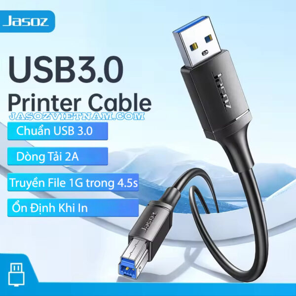 Cáp USB-B to USB 3.0 Printer Cable Jasoz D113 - Chuẩn USB 3.0, dòng tải 2A, truyền file nhanh - SKU T-D170 0.5M, T-D171 1M, T-D172 1.5M, T-D173 2M, T-D174 3M