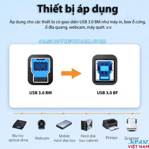 Cáp USB-B to USB 3.0 Jasoz D113 - thiết bị áp dụng: máy in, máy quét, HDD Box, ổ cứng, ổ đĩa Blu-ray, webcam - SKU T-D170 0.5M đến T-D174 3M
