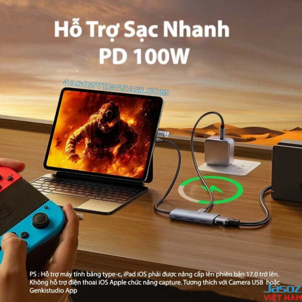 Jasoz T-G190 HDMI USB Video Capture Card hỗ trợ sạc nhanh PD 100W cho laptop, iPad, livestream và gaming