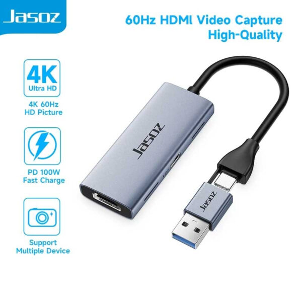 Cáp ghi hình Jasoz T-G190 HDMI to USB-A Type-C Capture Card 4K 60Hz ra 1080p 60Hz hỗ trợ PD100W