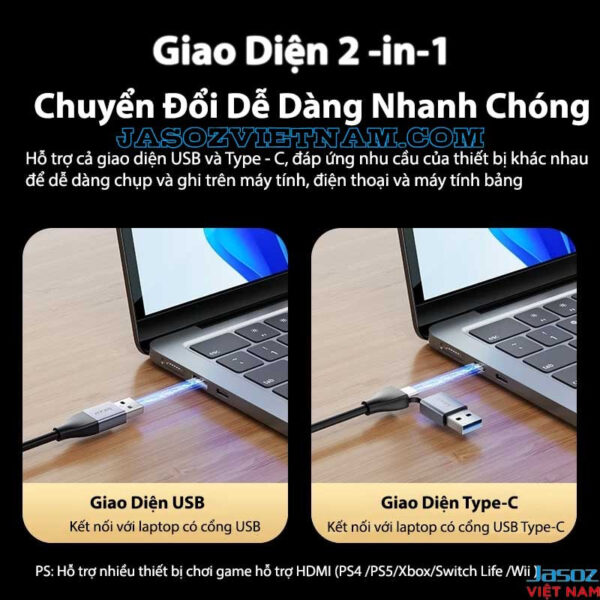 Jasoz T-G190 card ghi hình HDMI hỗ trợ giao diện kép USB và Type-C, kết nối laptop và điện thoại dễ dàng