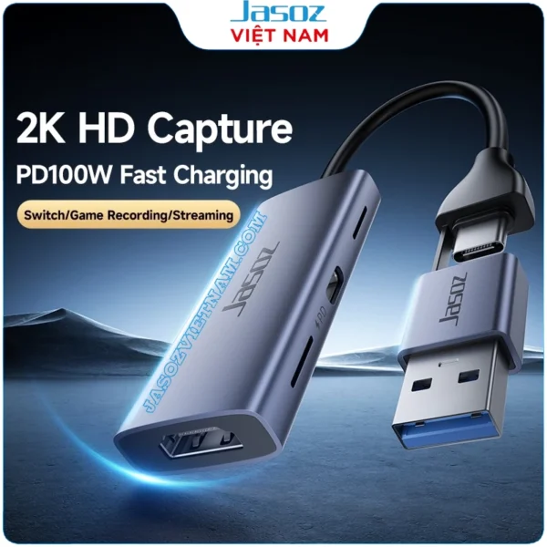 Cáp ghi hình HDMI sang USB A/Type-C Jasoz T-G190 hỗ trợ 2K HD Capture và sạc nhanh PD100W