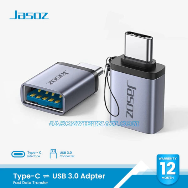 Đầu OTG USB-C sang USB 3.0 Jasoz T-G162 vỏ nhôm, hỗ trợ OTG và truyền dữ liệu nhanh 5Gbps, bảo hành 12 tháng