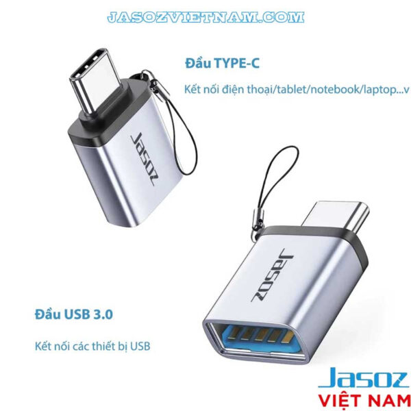 Đầu chuyển OTG Jasoz T-G162 với cổng USB-C male và USB 3.0 female, vỏ nhôm cao cấp, hỗ trợ OTG