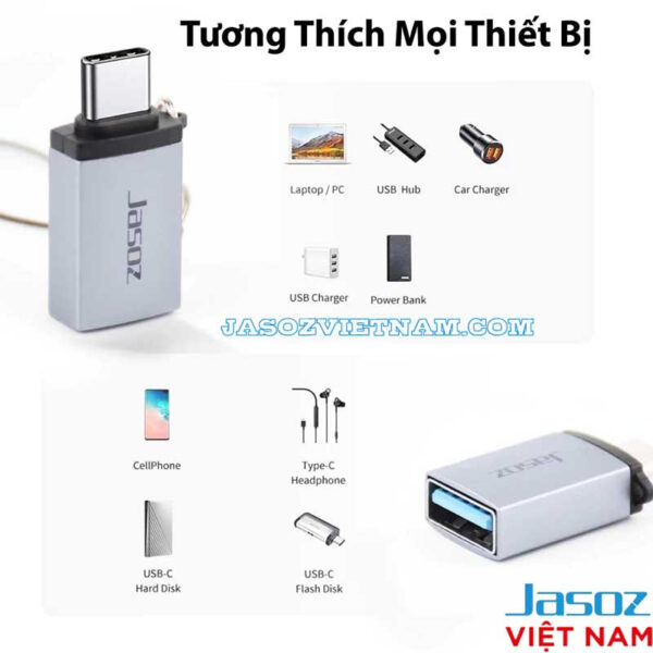 Đầu OTG USB-C sang USB 3.0 Jasoz T-G162 tương thích laptop, smartphone, ổ cứng, USB-C flash, tai nghe Type-C